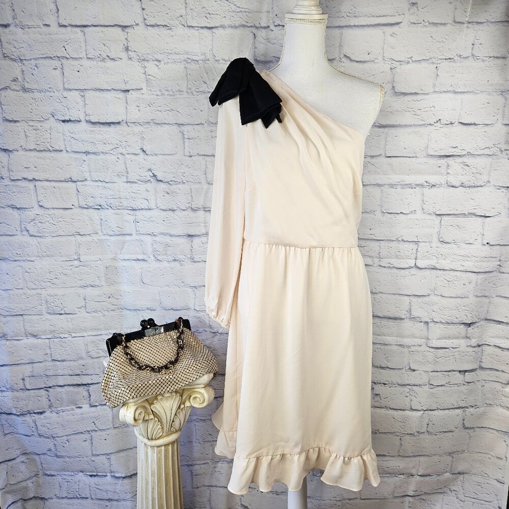 NWT J. Crew Size 12 Ivory One Shoulder Black Bow Ruffle Hem Dress #H2439 RP $188